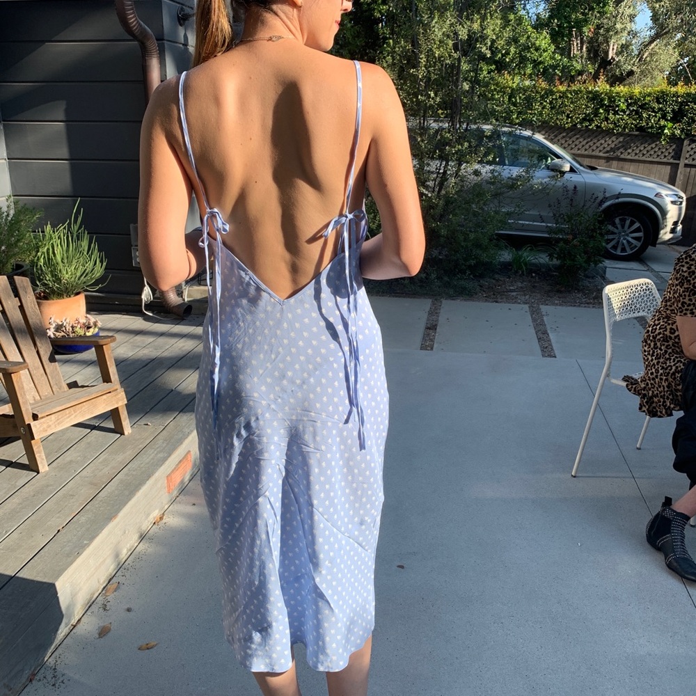 For Love & Lemons Midi Silk Blue Heart Print Dress - Size M